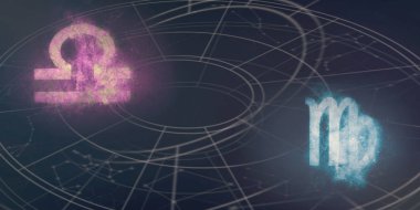 Terazi ve Başak Burç uyumluluğu imzalar. Gece gökyüzü arka plan.