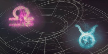 Terazi ve Toros burç uyumluluğu imzalar. Gece gökyüzü arka plan.