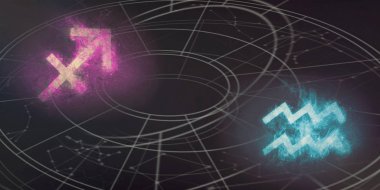 Yay ve Kova burç uyumluluğu imzalar. Gece gökyüzü arka plan.