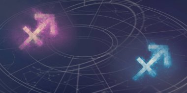 Yay ve Yay Burç işaretleri uyumluluk. Gece gökyüzü arka plan.