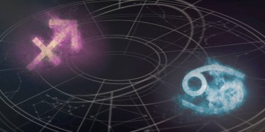 Yay ve kanser burç uyumluluğu imzalar. Gece gökyüzü arka plan.