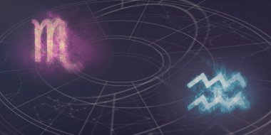 Akrep ve Kova burç uyumluluğu imzalar. Gece gökyüzü arka plan.