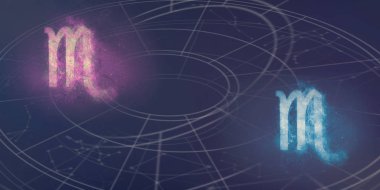 Akrep ve Akrep Astroloji işaretler uyumluluk. Gece gökyüzü arka plan.
