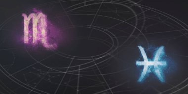 Akrep ve Balık burç uyumluluğu imzalar. Gece gökyüzü arka plan.