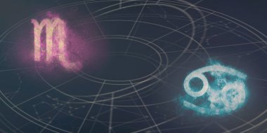 Akrep ve kanser burç uyumluluğu imzalar. Gece gökyüzü arka plan.