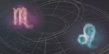 Akrep ve Leo Astroloji Uyumluluk işaretleri. Gece gökyüzü arka plan.