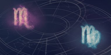 Akrep ve Başak Burç uyumluluğu imzalar. Gece gökyüzü arka plan.