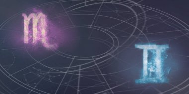 Akrep ve ikizler burç uyumluluğu imzalar. Gece gökyüzü arka plan.