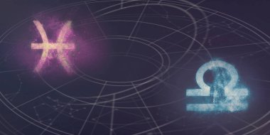 Balık burcu ve Terazi burç uyumluluğu imzalar. Gece gökyüzü arka plan.