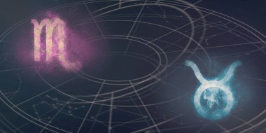 Akrep ve boğa burç uyumluluğu imzalar. Gece gökyüzü arka plan.