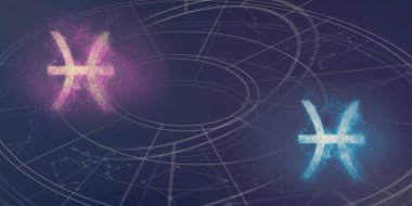 Balık ve Balık Astroloji işaretler uyumluluk. Gece gökyüzü arka plan.