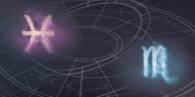 Balık ve akrep burç uyumluluğu imzalar. Gece gökyüzü arka plan.