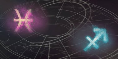 Balık burcu ve Yay burç uyumluluğu imzalar. Gece gökyüzü arka plan.