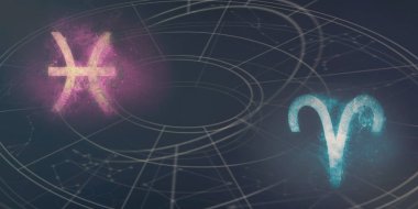 Balık ve Koç Astroloji Uyumluluk işaretleri. Gece gökyüzü arka plan.