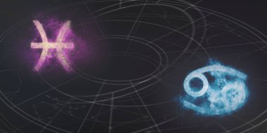 Balık ve kanser burç uyumluluğu imzalar. Gece gökyüzü arka plan.