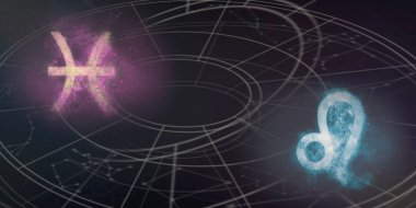 Balık ve Leo Astroloji Uyumluluk işaretleri. Gece gökyüzü arka plan.