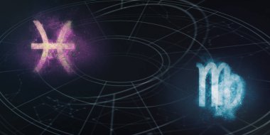 Balık ve Başak Burç uyumluluğu imzalar. Gece gökyüzü arka plan.