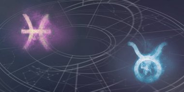 Balık burcu ve boğa burç uyumluluğu imzalar. Gece gökyüzü arka plan.