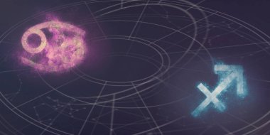 Kanser ve Yay burç uyumluluğu imzalar. Gece gökyüzü arka plan.