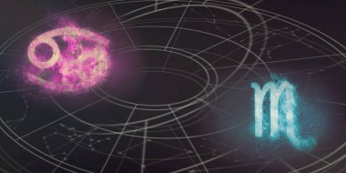 Kanser ve akrep burç uyumluluğu imzalar. Gece gökyüzü arka plan.