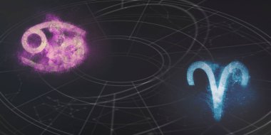 Kanser ve Koç Astroloji Uyumluluk işaretleri. Gece gökyüzü arka plan.