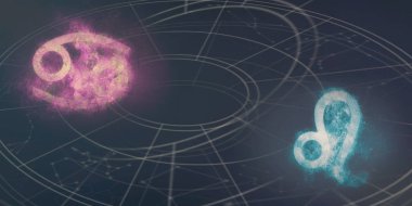 Kanser ve Leo Astroloji Uyumluluk işaretleri. Gece gökyüzü arka plan.
