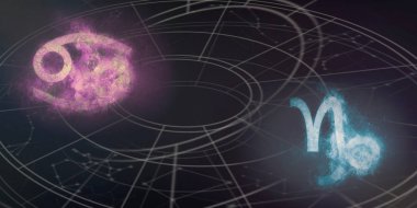 Uyumluluk kanser ve Oğlak burç işaretleri. Gece gökyüzü arka plan.