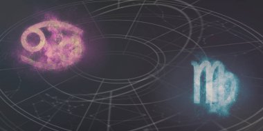 Kanser ve Başak Burç uyumluluğu imzalar. Gece gökyüzü arka plan.