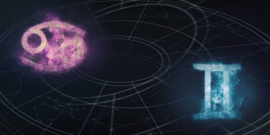 Kanser ve ikizler burç uyumluluğu imzalar. Gece gökyüzü arka plan.