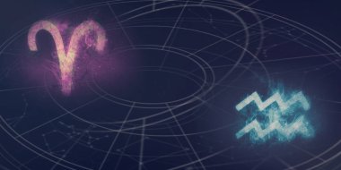 Koç ve Kova burç uyumluluğu imzalar. Gece gökyüzü arka plan.