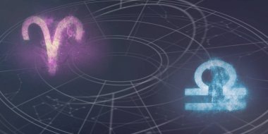 Koç ve Terazi Astroloji Uyumluluk işaretleri. Gece gökyüzü arka plan.