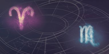 Koç ve akrep burç uyumluluğu imzalar. Gece gökyüzü arka plan.