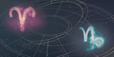 Koç ve Oğlak burç uyumluluğu imzalar. Gece gökyüzü arka plan.