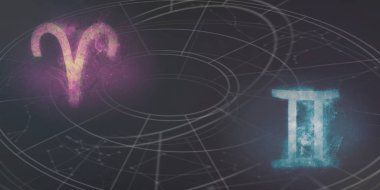 Koç ve ikizler burç uyumluluğu imzalar. Gece gökyüzü arka plan.