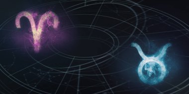 Koç ve boğa burç uyumluluğu imzalar. Gece gökyüzü arka plan.