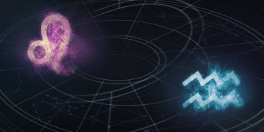 Aslan ve Kova burç uyumluluğu imzalar. Gece gökyüzü arka plan.