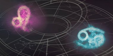 Leo ve kanser burç uyumluluğu imzalar. Gece gökyüzü arka plan.