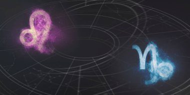 Leo ve Oğlak burç uyumluluğu imzalar. Gece gökyüzü arka plan.