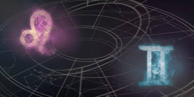 Leo ve ikizler burç uyumluluğu imzalar. Gece gökyüzü arka plan.