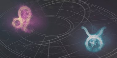 Leo ve Toros burç uyumluluğu imzalar. Gece gökyüzü arka plan.