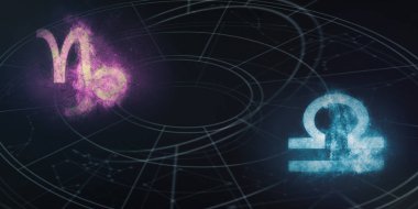 Oğlak ve Terazi burç uyumluluğu imzalar. Gece gökyüzü arka plan.