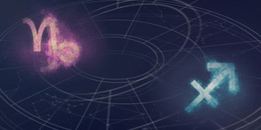 Oğlak ve Yay burç uyumluluğu imzalar. Gece gökyüzü arka plan.