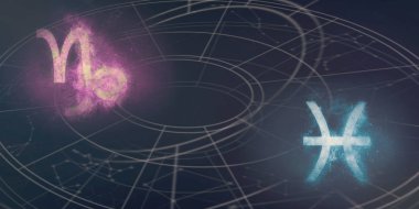 Oğlak ve Balık burç uyumluluğu imzalar. Gece gökyüzü arka plan.