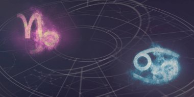 Oğlak ve kanser burç uyumluluğu imzalar. Gece gökyüzü arka plan.