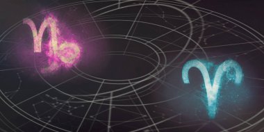 Oğlak ve Koç Astroloji Uyumluluk işaretleri. Gece gökyüzü arka plan.