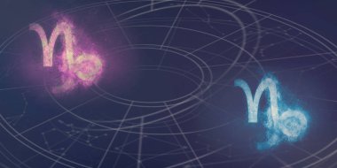 Oğlak ve Oğlak burç işaretleri uyumluluk. Gece gökyüzü arka plan.