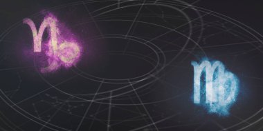 Oğlak ve Başak Burç uyumluluğu imzalar. Gece gökyüzü arka plan.