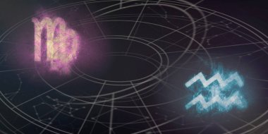 Başak ve Kova burç uyumluluğu imzalar. Gece gökyüzü arka plan