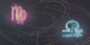 Başak ve Terazi burç uyumluluğu imzalar. Gece gökyüzü arka plan