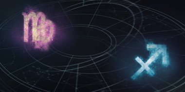 Başak ve Yay burç uyumluluğu imzalar. Gece gökyüzü arka plan